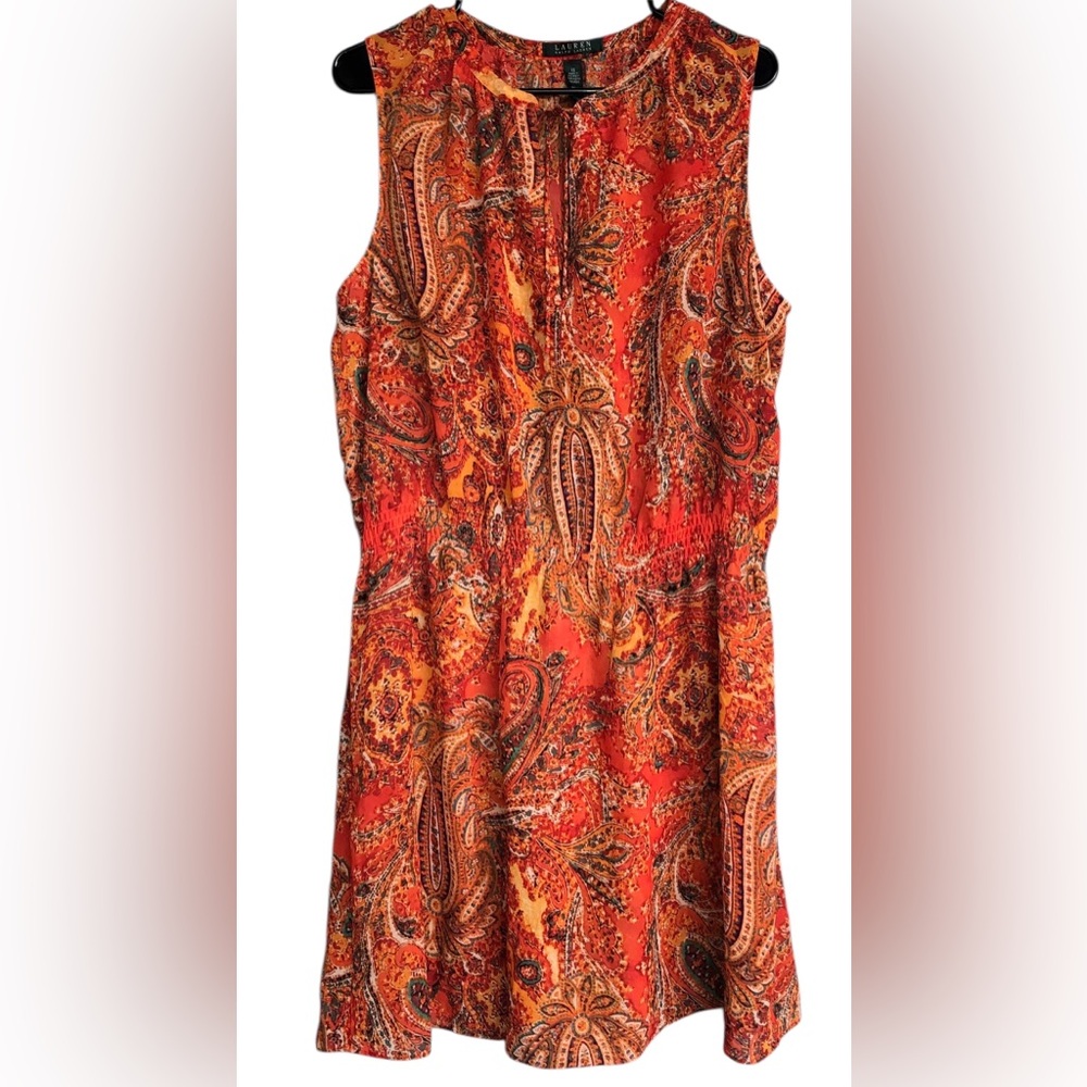 LAUREN RALPH LAUREN Size 16 Sheer Print Sleeveless Dress.Color Red Orange Smock